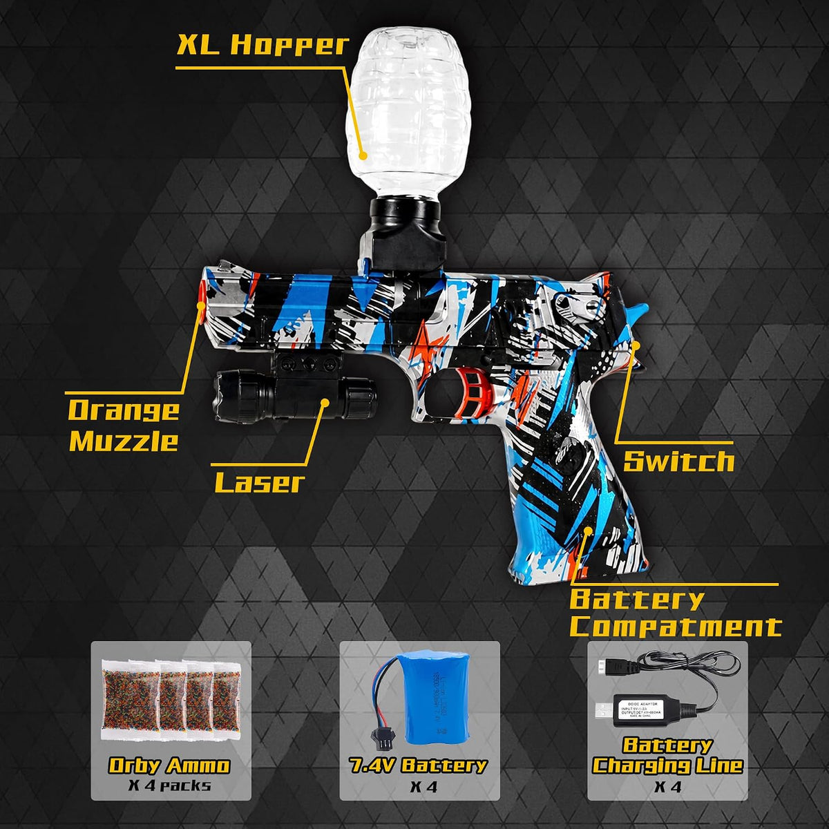 Paquete de 4 lanzadores de gel con accesorios ricos, salpicaduras automáticas de 12 Orby por segundo, batería recargable de 7.4 V, juguete de actividades de equipo al aire libre para mayores de