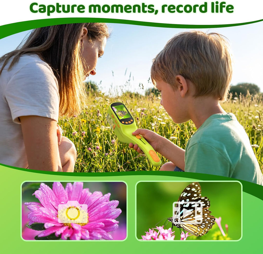 Microscopio de mano para niños, juguete STEM explorador al aire libre con herramientas adicionales, pantalla IPS de 2.4 pulgadas, agarre ergonómico, cámara digital, foto/video, lupa, kit de ciencia