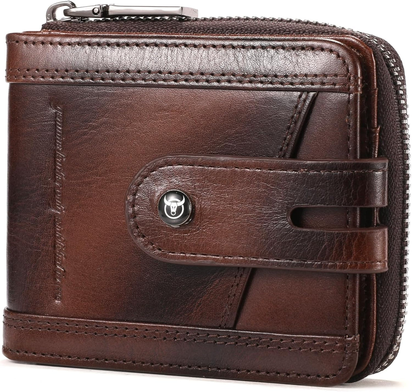 BULLCAPTAIN Billetera de Cuero Genuino para Hombre con Cremallera V...