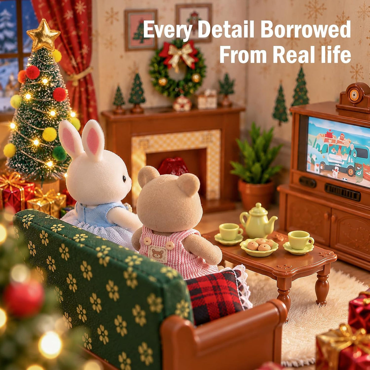Juego de maletas de muebles de casa de muñecas de Navidad para niños, 2 muñecas flexibles/árbol de Navidad/chimenea/sofá/TV, accesorios de casa de muñecas para niñas a partir de 3 años