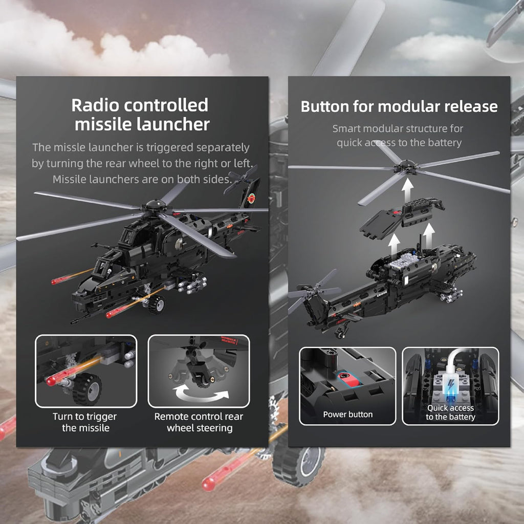 CADA Z-10 Kit de construcción de helicóptero motorizado – 989 piezas con batería recargable, motores duales, controlador de 2.4 GHz – Juego de helicóptero de ladrillo RC compatible con las principales