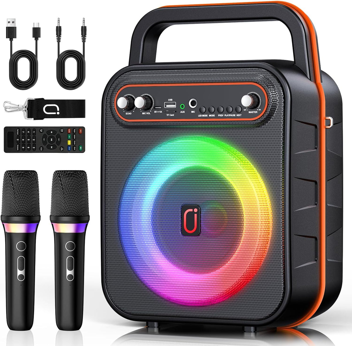 JYX Máquina de karaoke para adultos y niños, altavoz Bluetooth portátil con 2 micrófonos inalámbricos, sistema PA agudos y graves con luces LED, compatible con USB/AUX/TF/FM/REC para fiestas en casa al aire libre