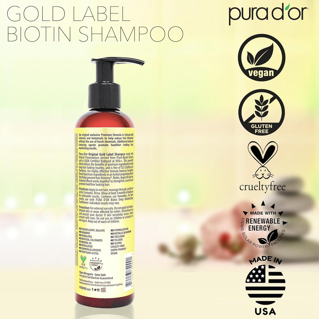 Pura D'or 8 Oz Champú de biotina original de etiqueta dorada an...
