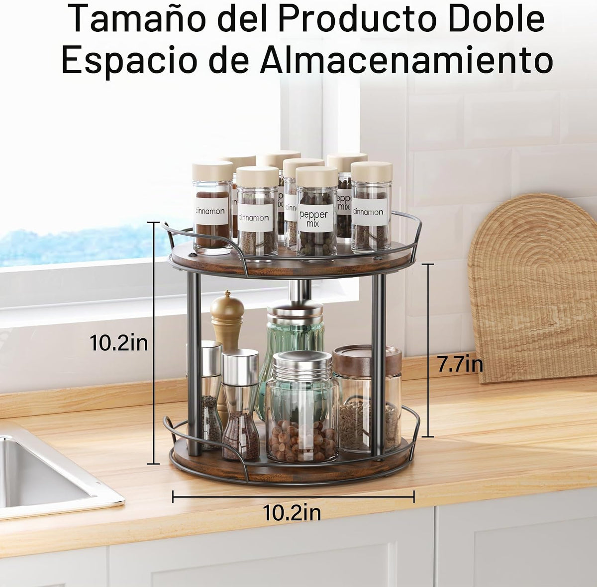 Estante de especias Lazy Susan de 2 niveles, plato giratorio de 10