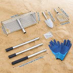 Rastrillo para pulgas de arena, tamiz de arena de mango largo para la playa, tamiz de dientes de tiburón de acero inoxidable viene con una pantalla de malla de 16 pulgadas de ancho para recoger pulgas