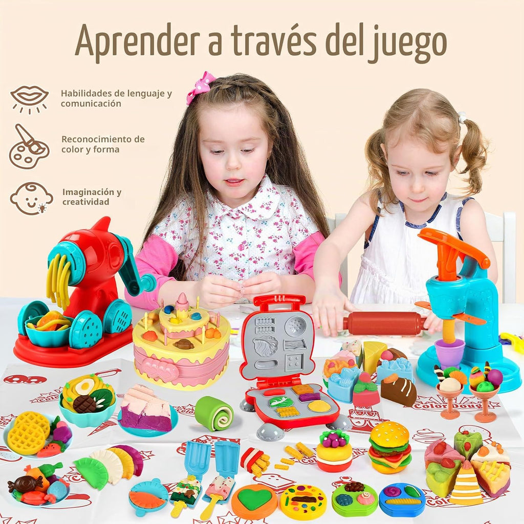 70 PCS Juego de Masa 4 en 1 para Niños de 3-4-8 Años, Kit de Herramientas de Masa para Manualidades de Arte, Set de Juego de Helado Fideos Hamburguesa Máquina para Hacer Pasteles, Creaciones