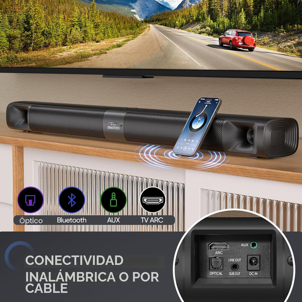 Saiyin Barra de sonido para Smart TV con subwoofer, barra de sonido desmontable de 100 W, sistema de teatro en casa con sonido envolvente para TV con tweeter de bocina, graves ajustables y HDMI-ARC