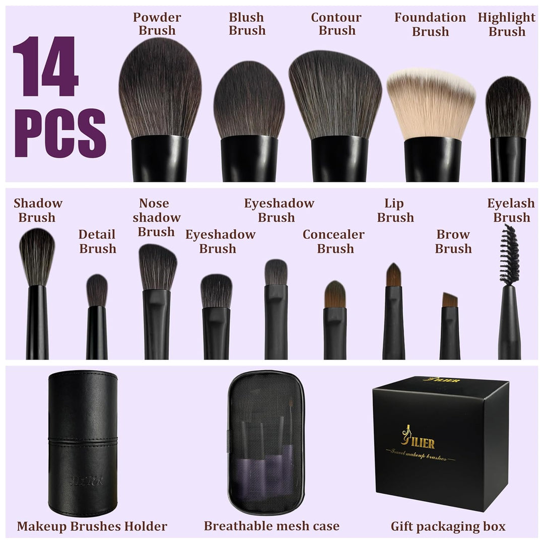 Jilier Juego de brochas de maquillaje de viaje, 14 piezas de mini b...