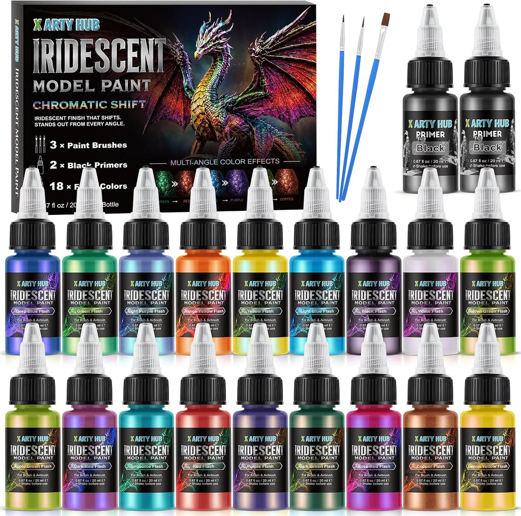 Juego de pintura modelo iridiscente, 18 colores, 2 imprimaciones