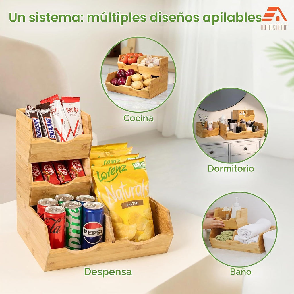 HOMESTEAD Contenedores de almacenamiento de despensa de bambú, apilables, para papas y cebollas, para encimera de cocina, organizador de despensa, cesta de frutas y verduras, multiusos, juego de 3 unidades de acceso deslizante