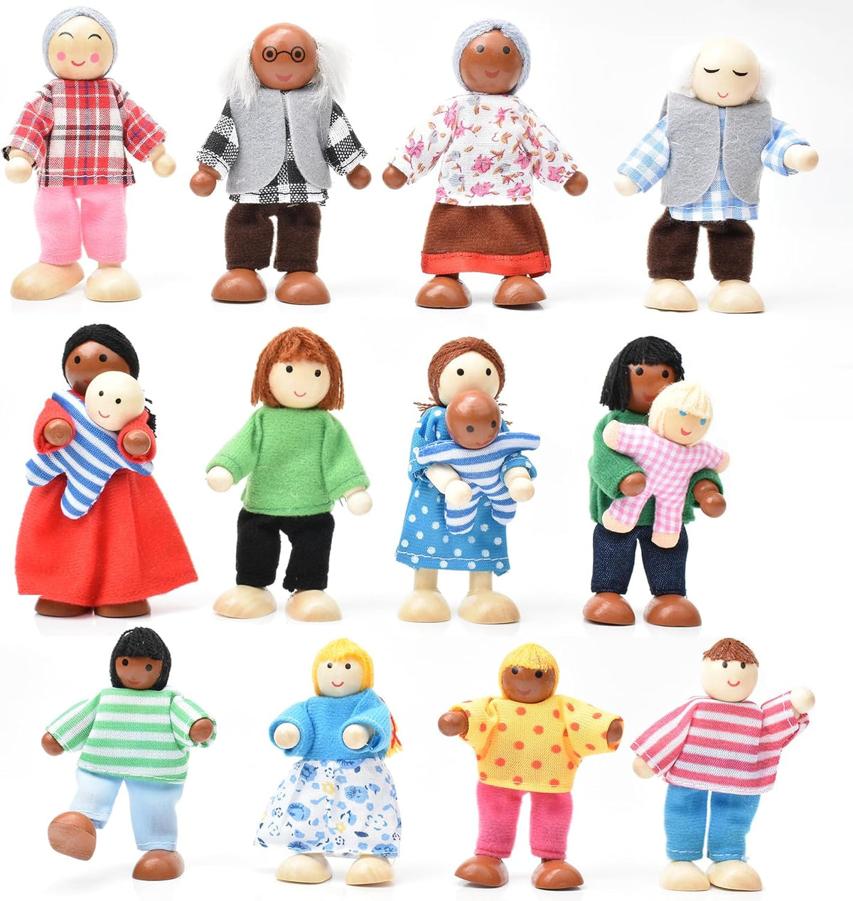 15 Pcs Personas de Casa de Muñecas de Madera, Muñecos de Familia para Casa de Juguete
