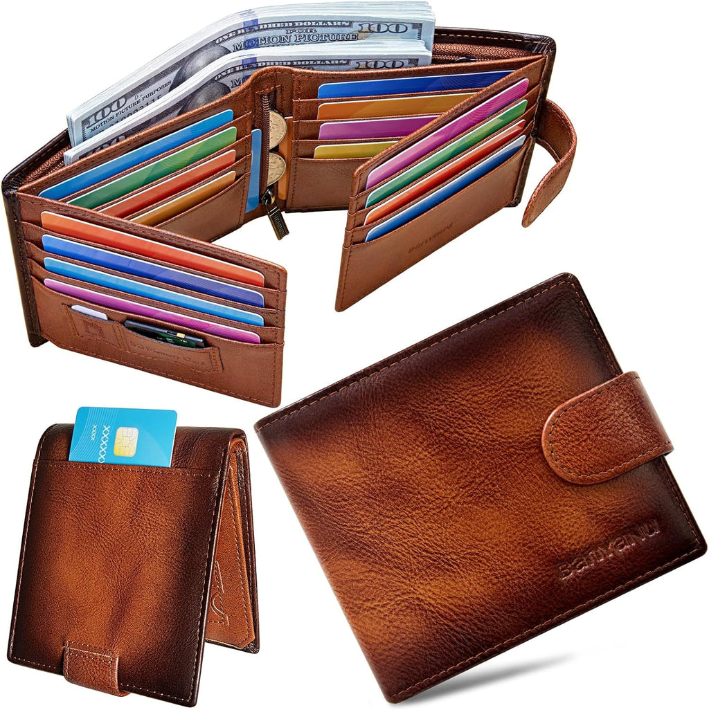 Cartera de cuero vintage para hombre, 19 ranuras para tarjetas, bloqueo RFID, gran capacidad, soporte para tarjetas plegable de cuero de grano superior, marrón (YELLOWISH BROWN), Retro