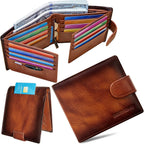 Cartera de cuero vintage para hombre, 19 ranuras para tarjetas, bloqueo RFID, gran capacidad, soporte para tarjetas plegable de cuero de grano superior, marrón (YELLOWISH BROWN), Retro