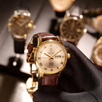 ROCOSJEWE Reloj de vestir masculino automático de cuerda automática - Caja de acero inoxidable dorado, números romanos, correa de cuero marrón, indicación de día y fecha, tapa esqueletada, reloj de pulsera de lujo para negocios, uso casual y diario