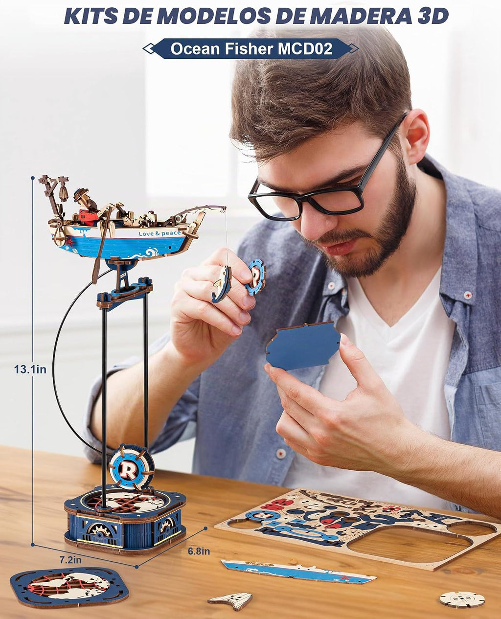 ROKR Rompecabezas de madera 3D para adultos, kit de modelo de pescador oceánico con columpio de gravedad, rompecabezas 3D de 161 piezas para adultos