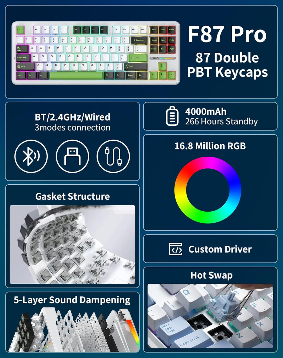 Aula F87 Pro - Teclado mecánico inalámbrico, 87 teclas TKL Tri-Mode...