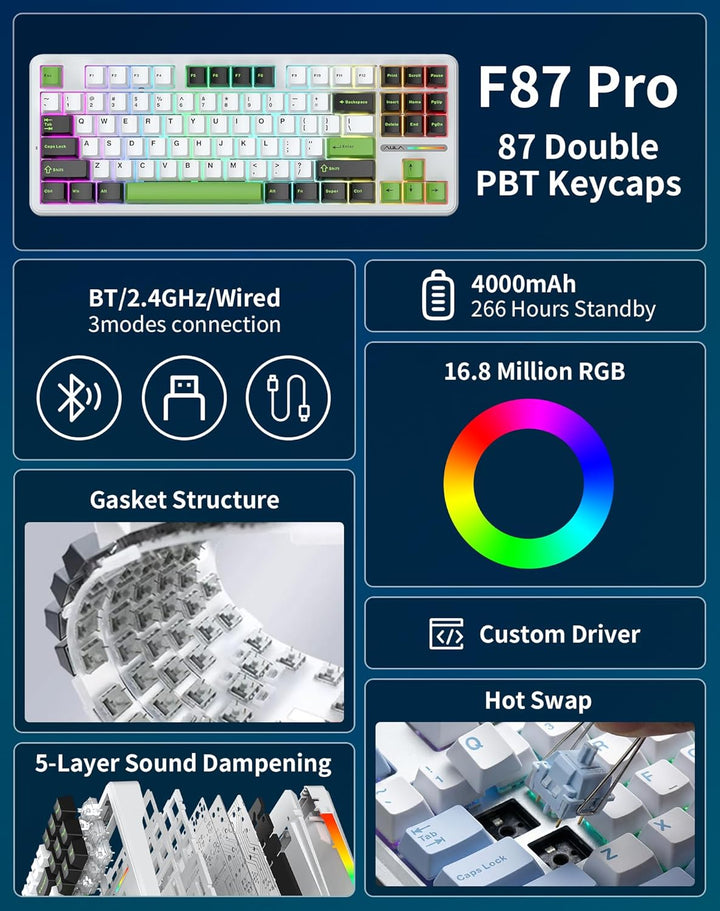 Aula F87 Pro - Teclado mecánico inalámbrico, 87 teclas TKL Tri-Mode...