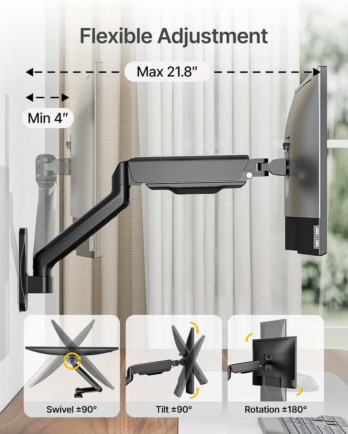 monTEK Soporte de pared para monitor único, brazo de resorte de movimiento completo para pantallas de 17-32"
