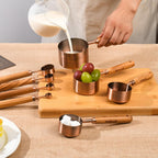 Juego de 8 tazas y cucharas medidoras de cobre con mango de madera de calidad, taza y cuchara medidora de acero inoxidable con equivalentes de medida para cocina y hornear, con 1/4, 1/3, 1