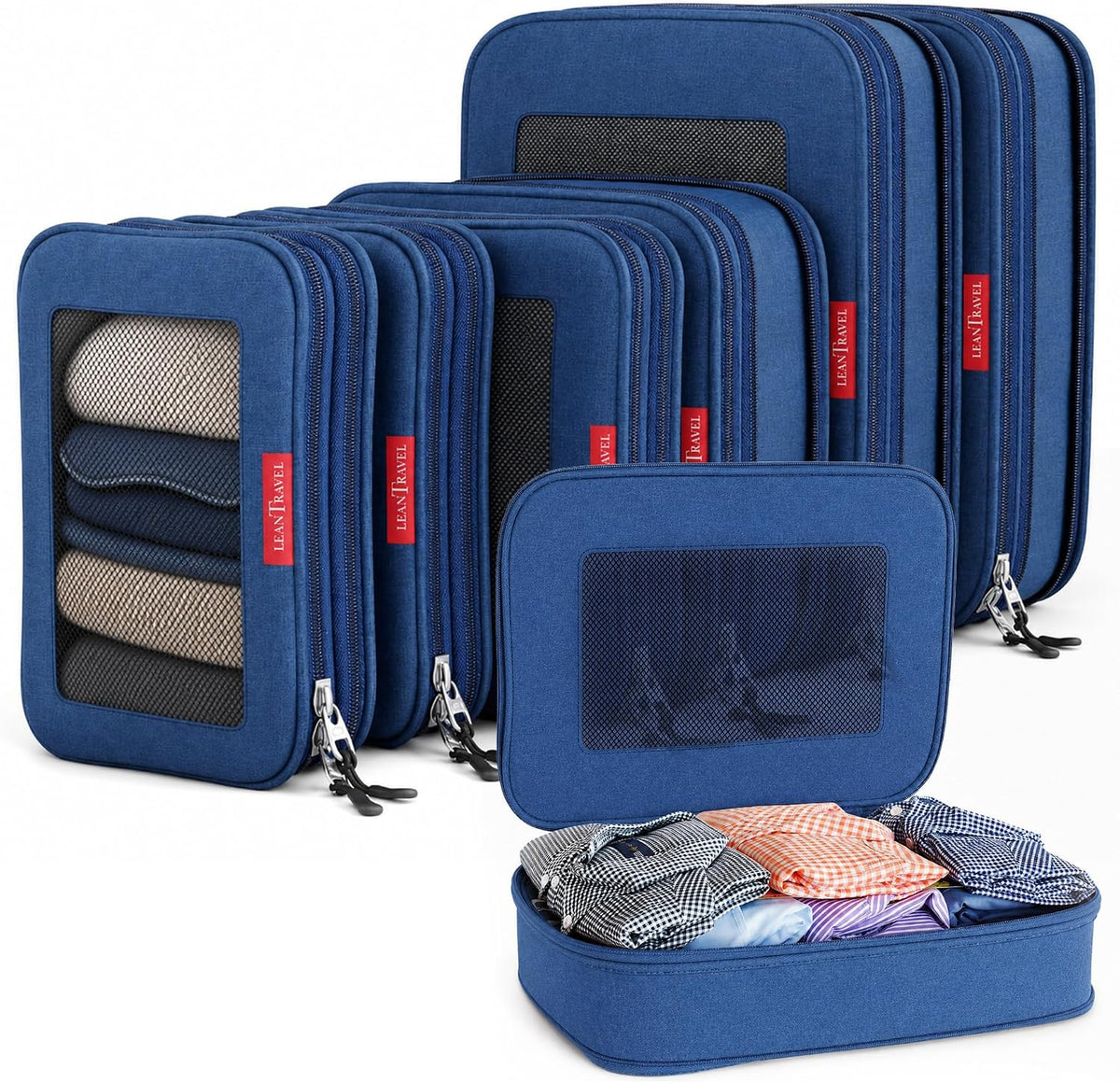 LeanTravel Cubos de embalaje de compresión de alta calidad para viajes, bolsas organizadoras de maleta con doble cremallera y panel de malla transpirable, artículos esenciales para equipaje de mano