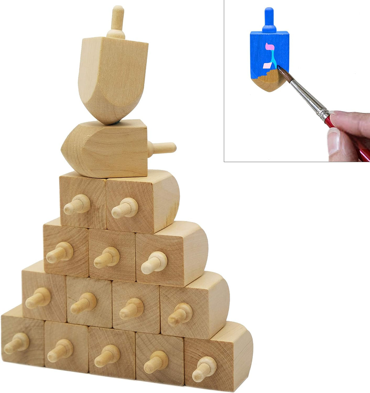 The Dreidel Company Paquete de 24 Dreidel de madera de Hanukkah, diseña tu propio Dreidel de Janucá de 3 pulgadas, sin terminar y natural