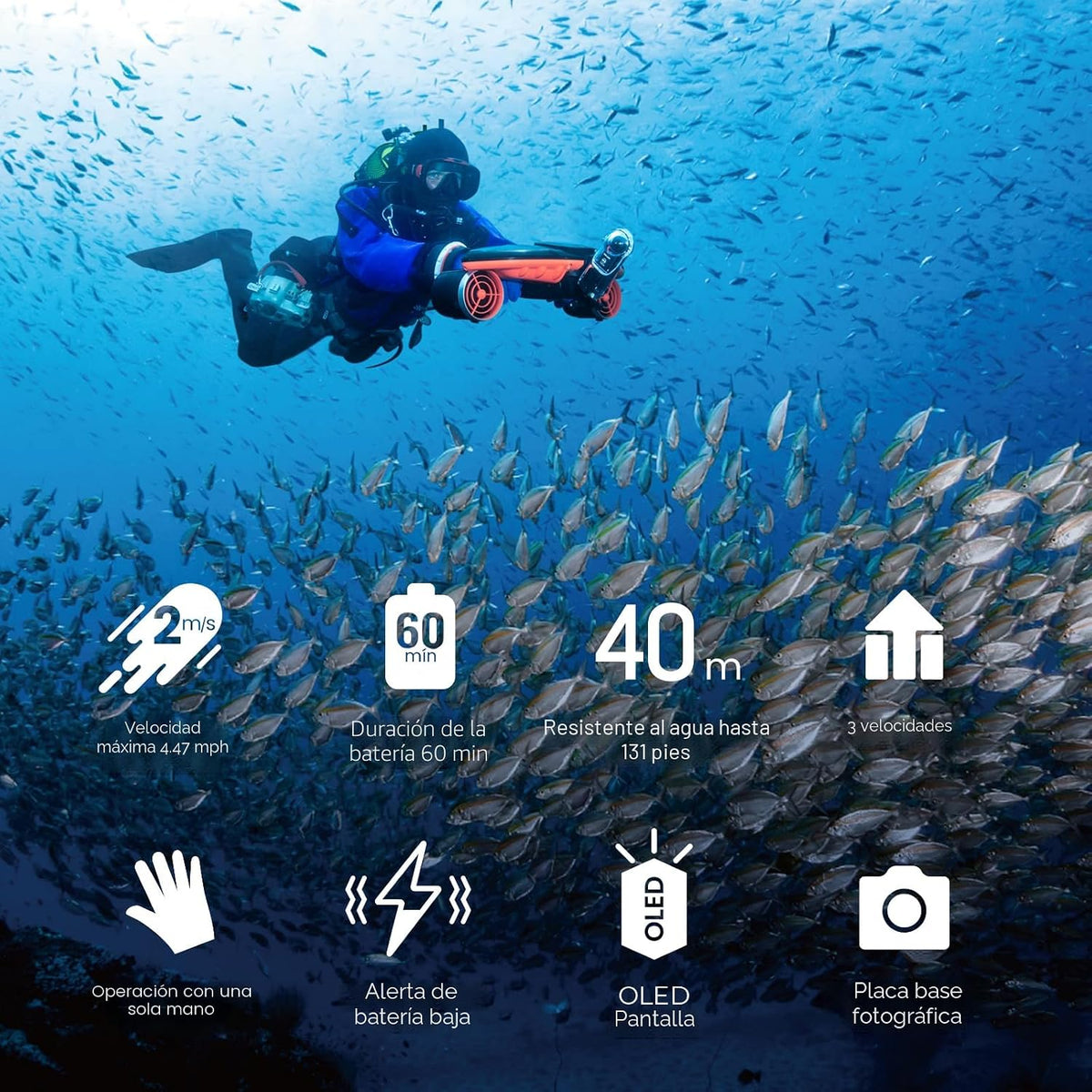sublue Navbow Underwater Scooter Dual Motors con Action Camera Mount Low Battery Alarm 3 Gear Speed 4.47 mph 60 Minutes 131ft Swimming Pool Diving Snorkeling Water Scooter para Adults