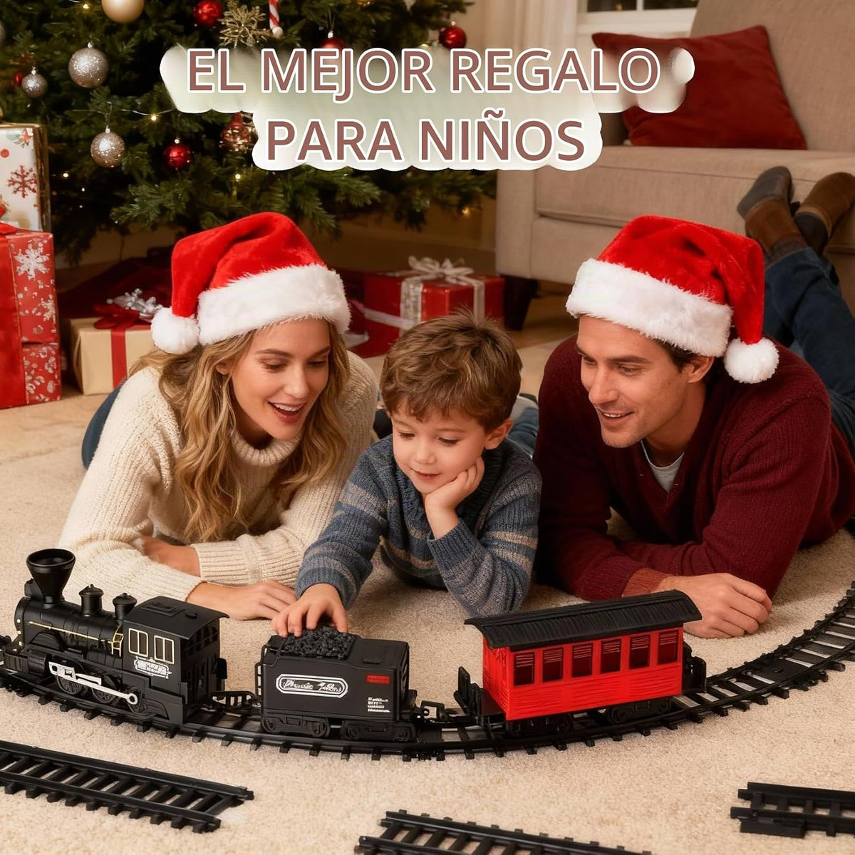 Juego de tren de árbol de Navidad de 15 piezas con humo, sonido y luces, pista elegante y vagones de pasajeros vintage para Navidad, juego de tren para niños de 3 a 8 años, regalos para niños