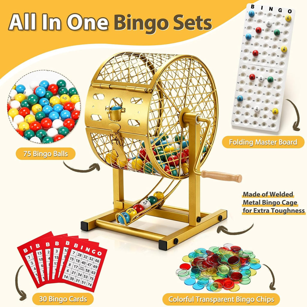 Juego de bingo de 12.6 pulgadas de alto con jaula de acero, juego de bingo profesional para adultos incluye 150 fichas coloridas, 30 tarjetas y 75 bolas, ideal para diversión familiar, grupos grandes, fiestas
