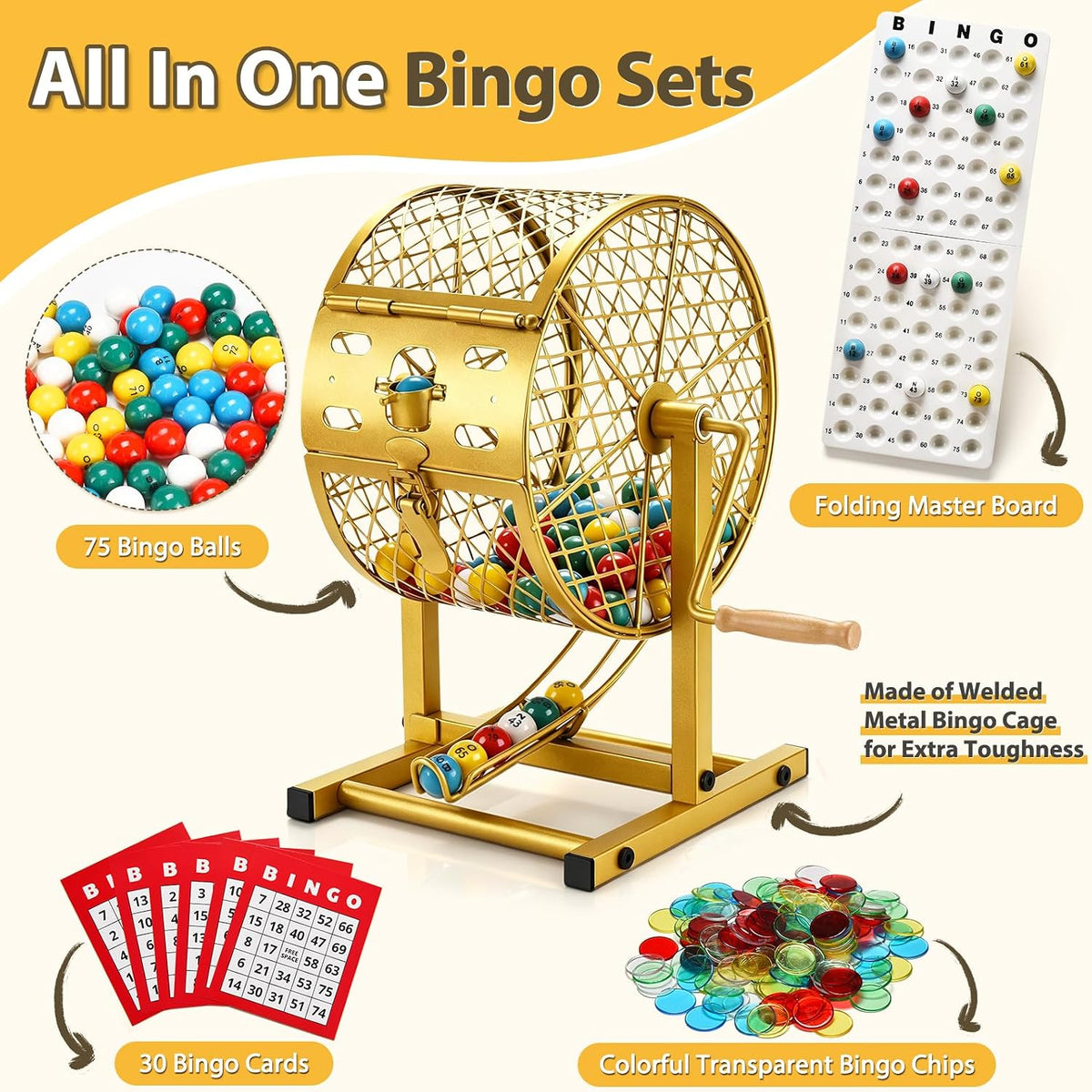 Juego de bingo de 12.6 pulgadas de alto con jaula de acero, juego de bingo profesional para adultos incluye 150 fichas coloridas, 30 tarjetas y 75 bolas, ideal para diversión familiar, grupos grandes, fiestas