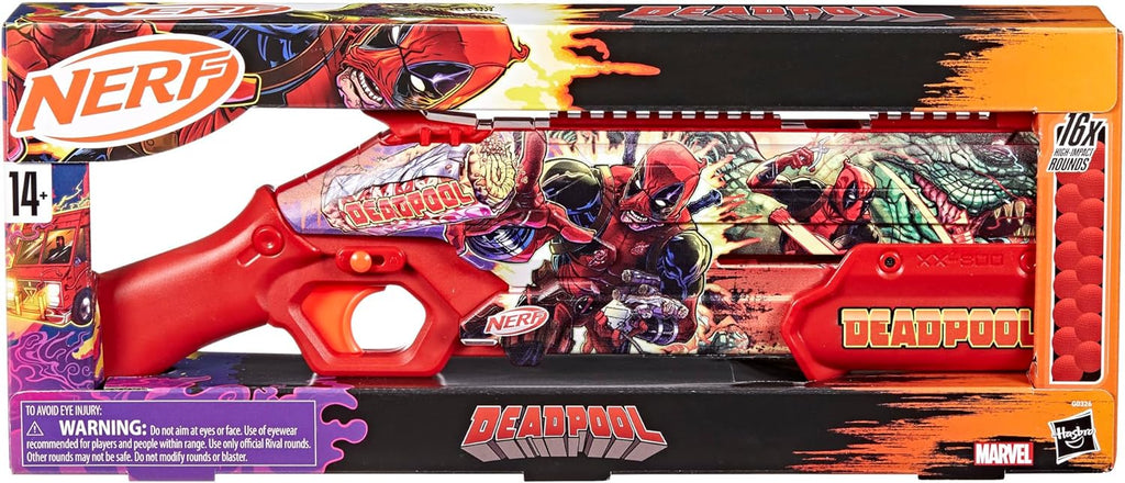 Nerf Marvel Deadpool Blaster, 16 Nerf Rival Accu-Rounds, acción a través de bomba, carga por la culata, Regalos para adolescentes, 14+