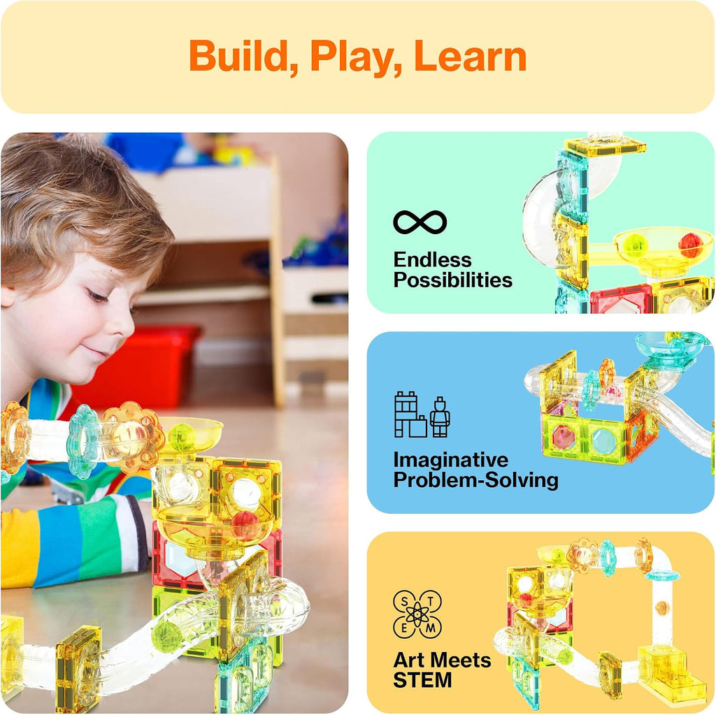 PicassoTiles - Juego de 100 piezas de bloques de construcción magnéticos para carreras de mármol, tamaño de viaje, mini baldosas imán, juego de mármoles, juego de construcción para pista de carreras