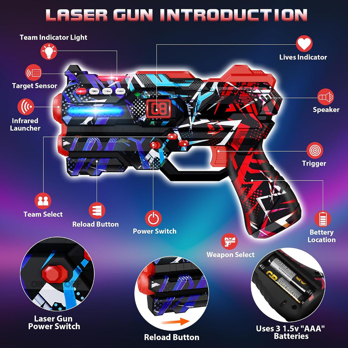 Juego de 4 pistolas láser con pantalla LED digital