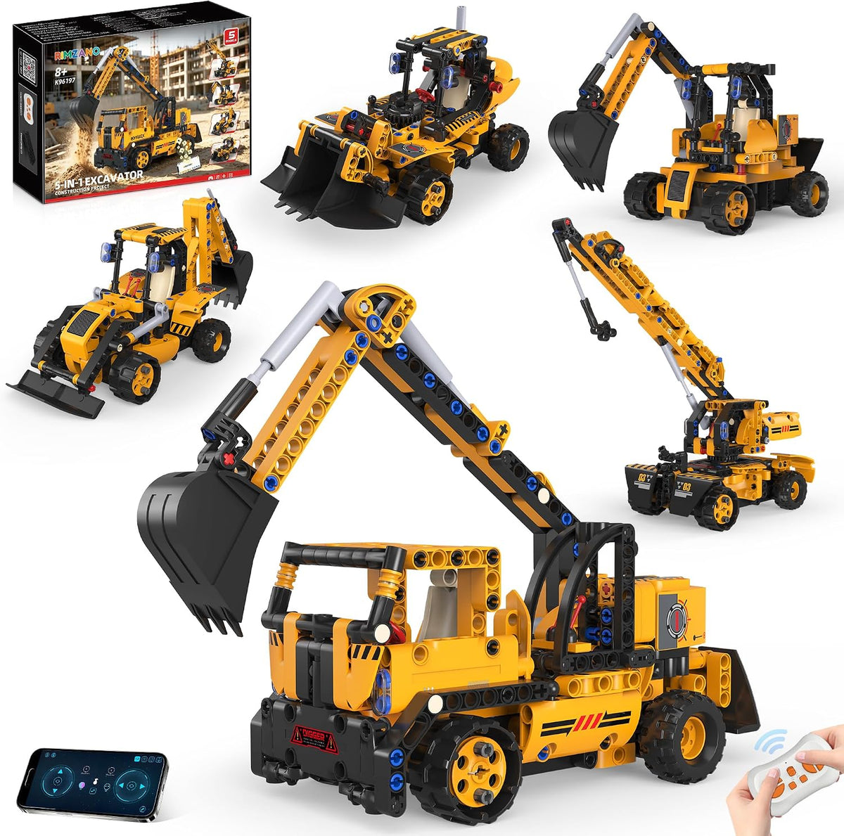 Juego de construcción de robot STEM 5 en 1, excavadora de control remoto con aplicación, juguetes de construcción de robótica técnica y kits STEM de ingeniería educativa para niños