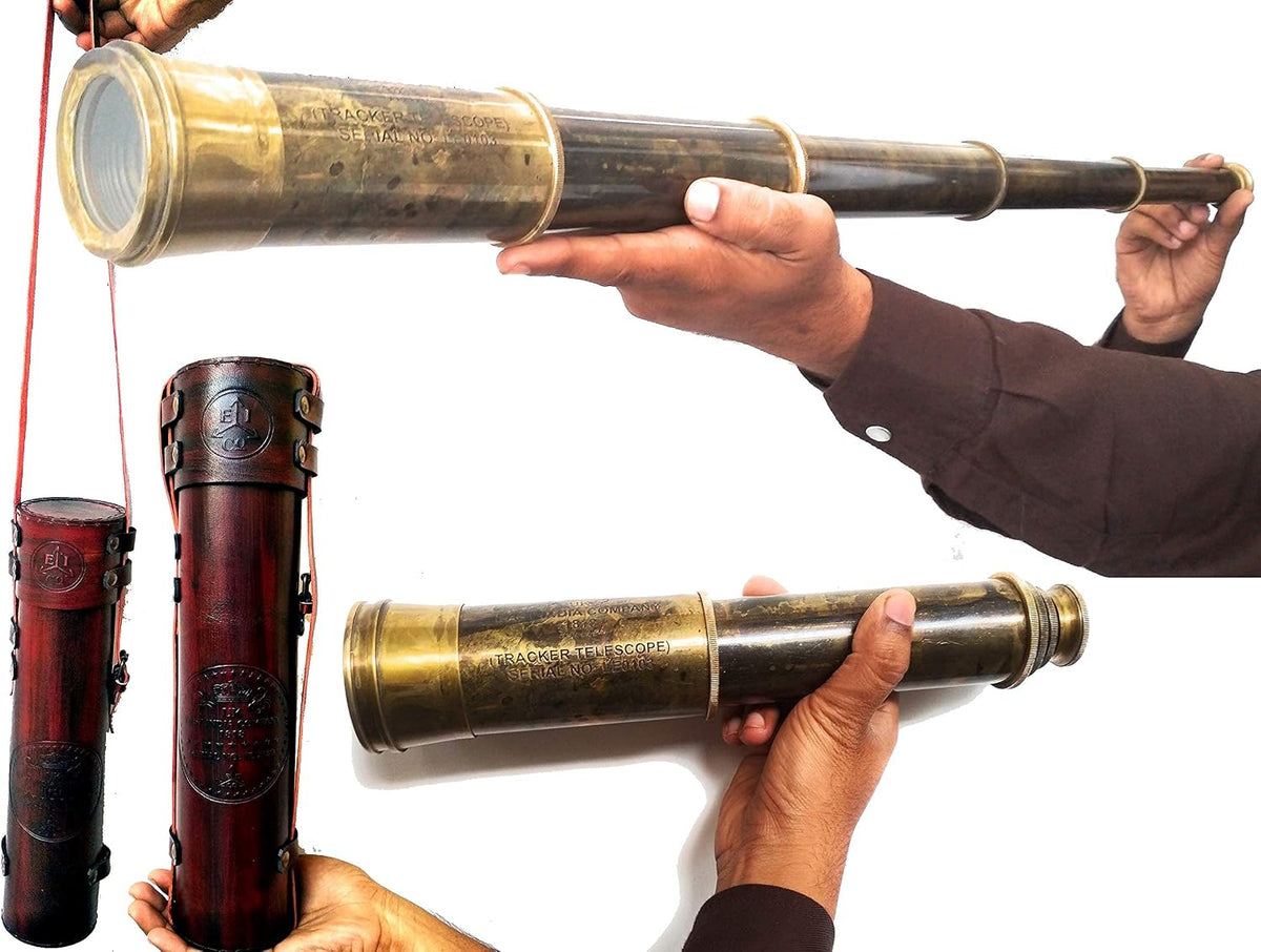 Telescopio de latón raro Spyglass - East India Company 1818 Tracker Vintage Pirate Spyglass Alcance antiguo 32 pulgadas grande cosido a mano caja de regalo de cuero (BT-EIC-32)