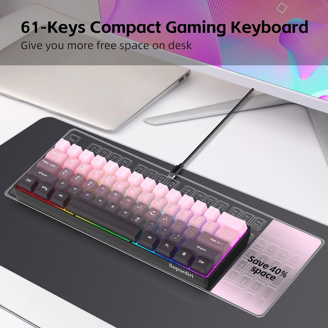 Snpurdiri Teclado para juegos 60% con cable, 61 teclas retroilumina...