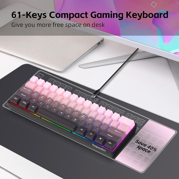 Snpurdiri Teclado para juegos 60% con cable, 61 teclas retroilumina...