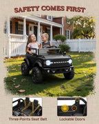 First Ride On Juguetes de paseo de 24 V para niños grandes, auto base Ford Bronco con licencia de 2 plazas, automóvil eléctrico para niños con control remoto para padres, Bluetooth, cinturones de seguridad, suspensión de resorte y LED (negro)