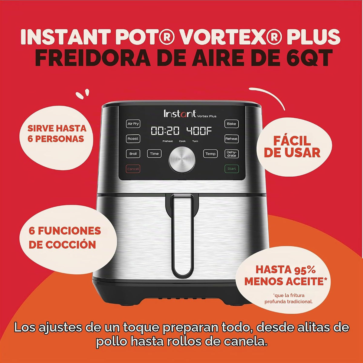 Instant Pot VORTEX Plus 6QT XL Freidora de aire, freidora de aire 6 en 1, acero inoxidable