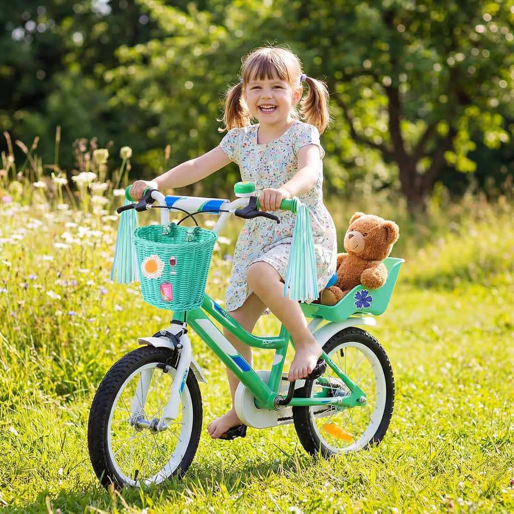 Asiento de bicicleta de muñeca con 30 calcomanías de calcomanías, cesta de bicicleta para niños, manillar de bicicleta, cintas coloridas, borla, margarita, campana de bicicleta para niñas