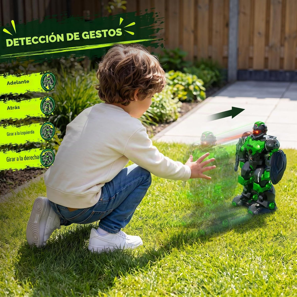 STEMTRON Robot de juguete para niños, robot programable de control remoto con detección inteligente de gestos, recarga, modo de canto y baile, lanzador (verde)