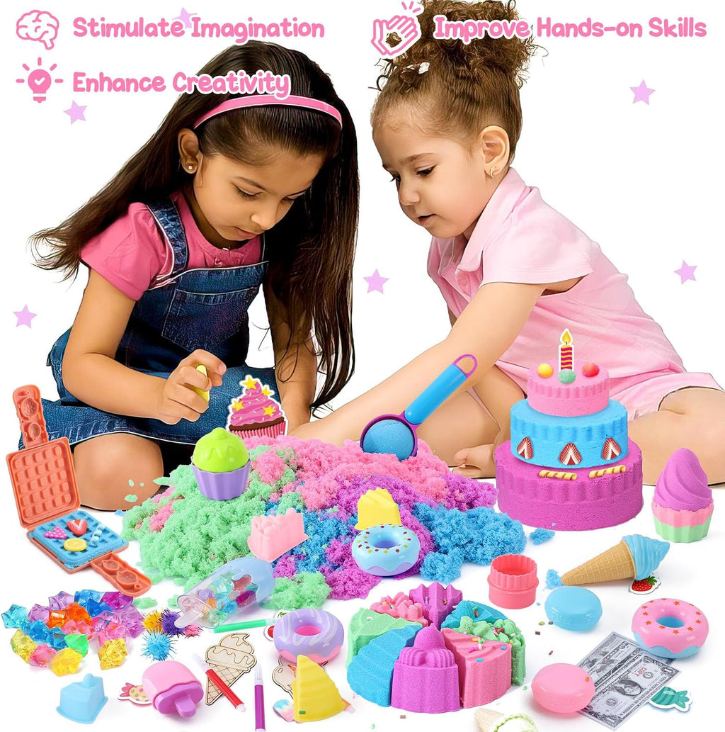 Golray - Juego de arena sensorial de helado para niñas, kit de arte de arena con caja de arena, 2 libras de arena mágica, moldes de pastel y gofre, juguetes de postres de juego de roles, juego de