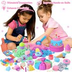 Golray - Juego de arena sensorial de helado para niñas, kit de arte de arena con caja de arena, 2 libras de arena mágica, moldes de pastel y gofre, juguetes de postres de juego de roles, juego de