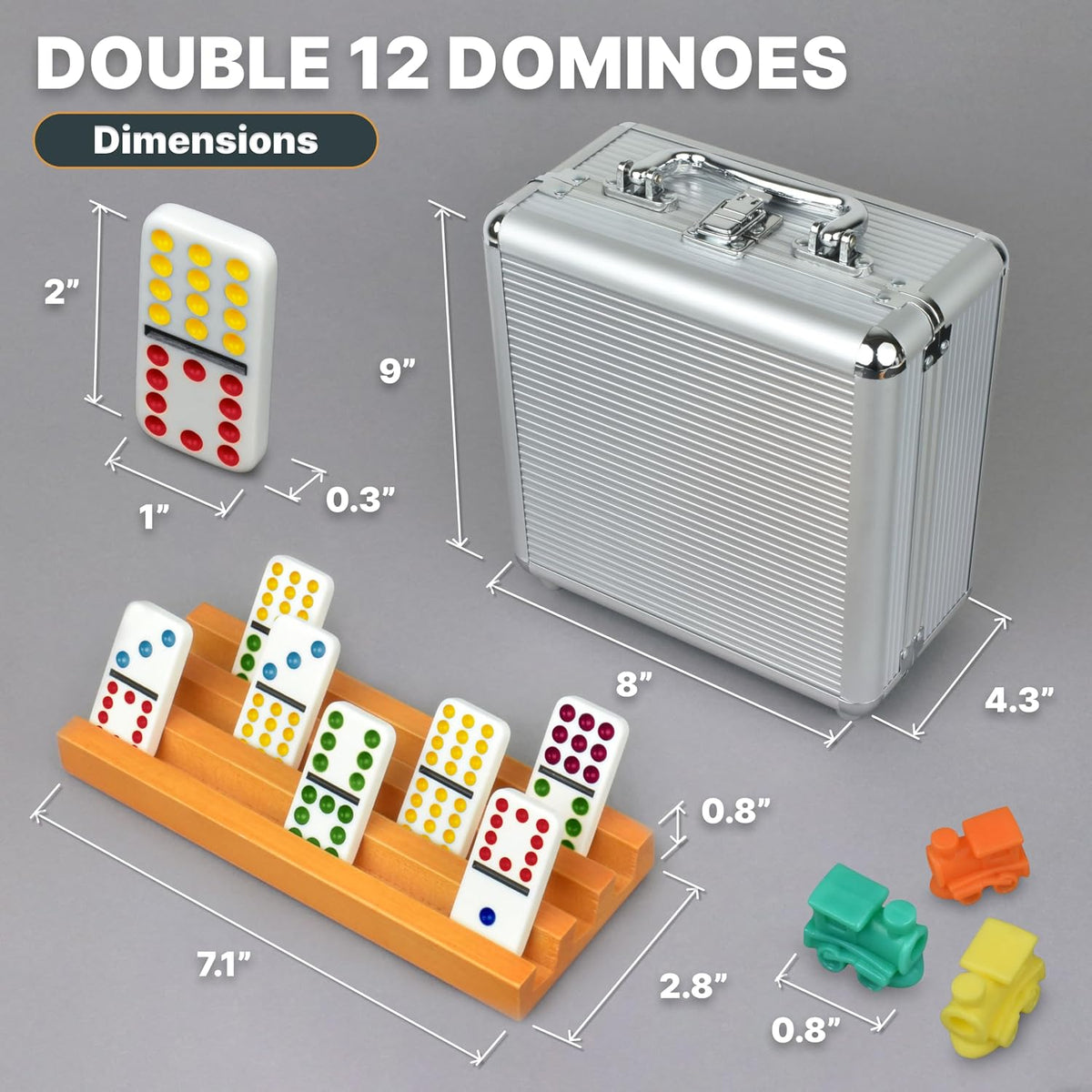 Queensell Juego de dominó de tren mexicano con 8 soportes, cubo de madera y soportes para azulejos, 12 azulejos dobles con puntos (D12 + 8 soportes)