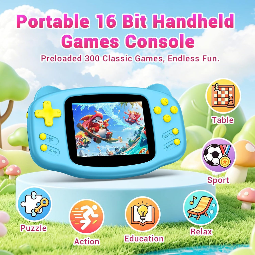 Juego de mano para niños, 300 videojuegos retro integrados, reproductor de juegos portátil de 16 bits con pantalla HD de 3.2 pulgadas, batería recargable, mini juguete de viaje electrónico de regalo