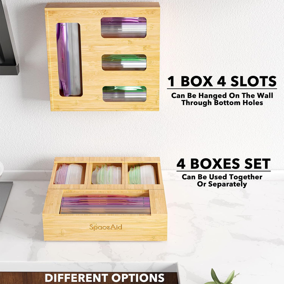 SpaceAid Organizador de almacenamiento de bolsas para cajón de cocina, Organizador de bambú, Compatible con galón, cuarto de galón, sándwiches y aperitivos, para bolsas de distintos tamaños (4