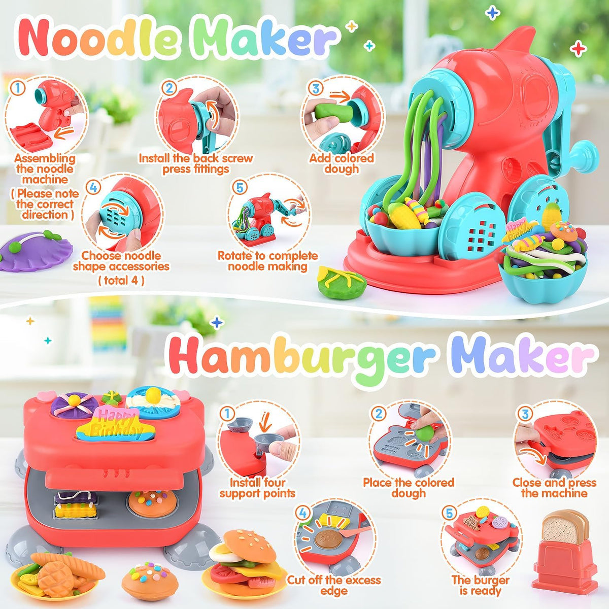 Set de masa colorida 4 en 1 para niños con 24 porciones de masa, creaciones de cocina y comida de juguete