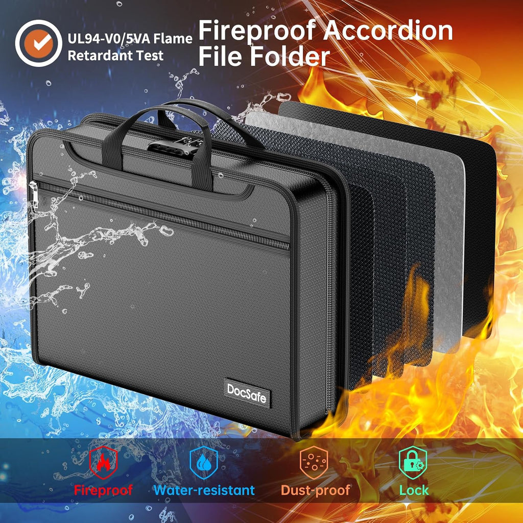 DocSafe Archivador de acordeón con cerradura de combinación, carpeta de archivos expandible resistente al fuego e impermeable con múltiples bolsillos, organizador de documentos para almacenamiento