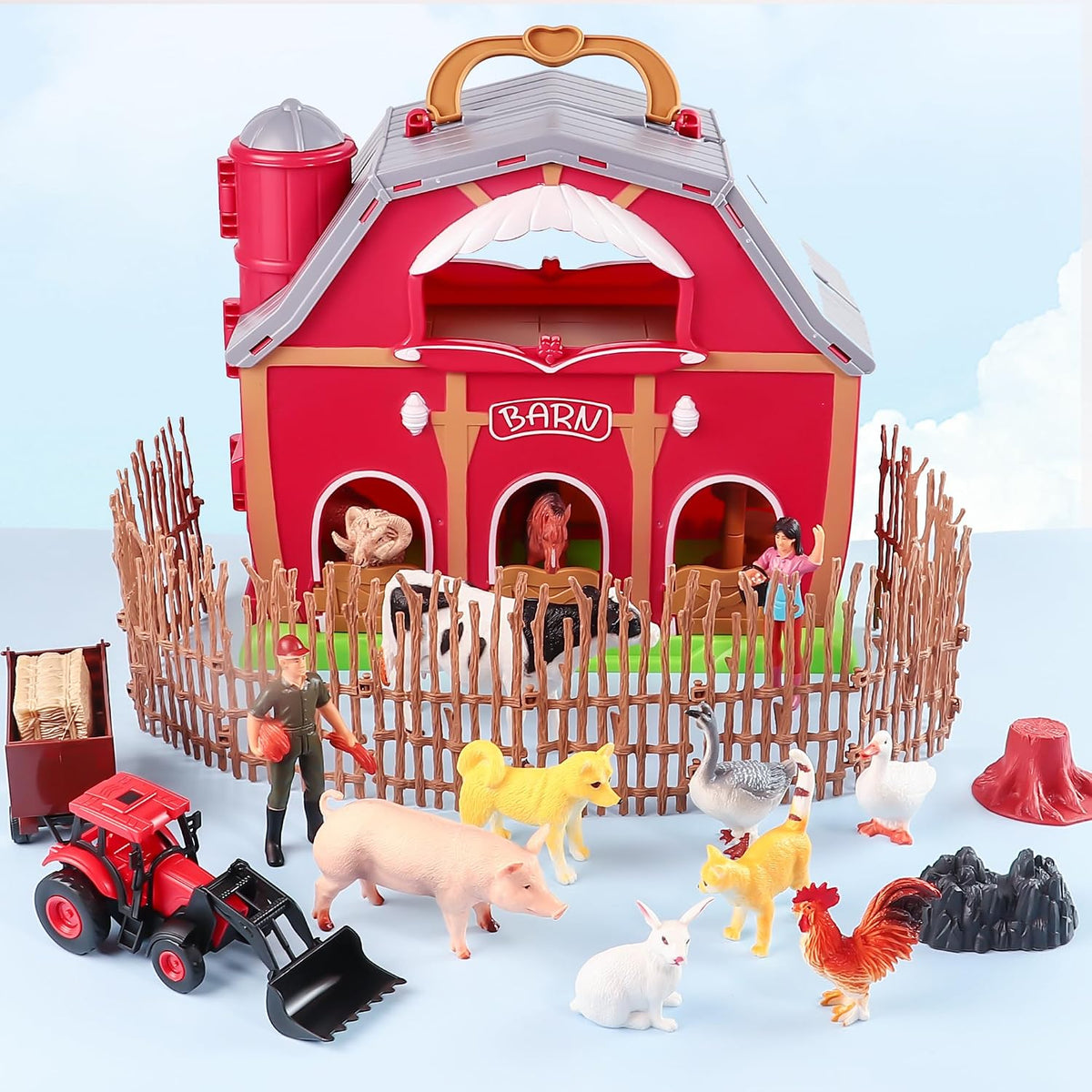 EnAuRoL Red Barn - Juguetes de animales de granja, 28 figuras de animales y tractor de granja, juguetes educativos de aprendizaje para niños pequeños y niños de 3, 4, 5 años, regalo de festival de cumpleaños