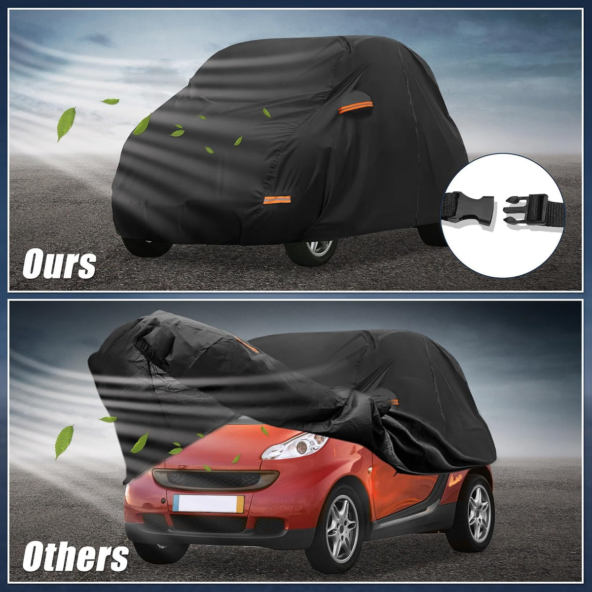 X AUTOHAUX Funda para Coche para Smart Fortwo 2007-2019 210D-PU Cubierta Completa para Exteriores Todo Tipo de Clima con Cremallera en Puertas para Protección Impermeable, Resistente al Viento, al Sol