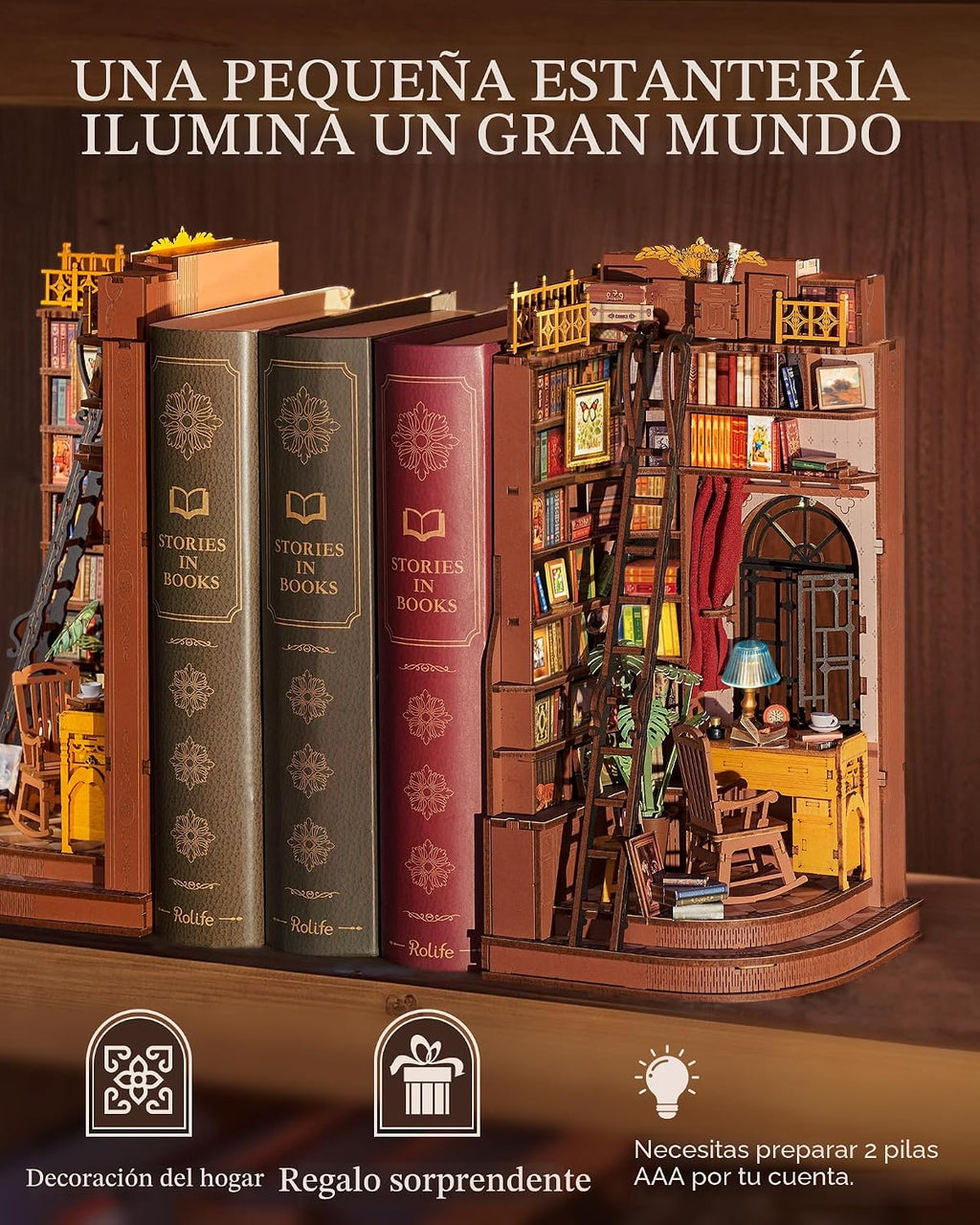 Rolife Kit de Rincón de Libros DIY Estudio de Esquina Silenciosa, Rompecabezas 3D Sujetalibros Británico Creativo Decoración de Estantería para Adultos, Kits en Miniatura de Casa Pequeña Kits de